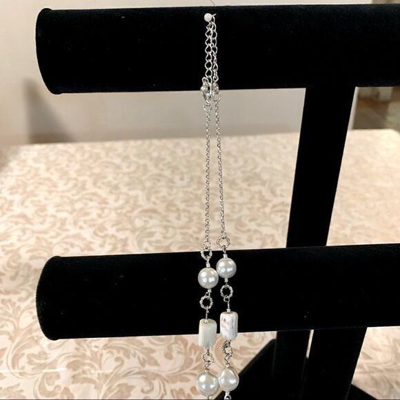 Mother Of Pearl Flower & Butterfly Necklace & Faux Pearls on Silver Tone Chain - Picture 4 of 5